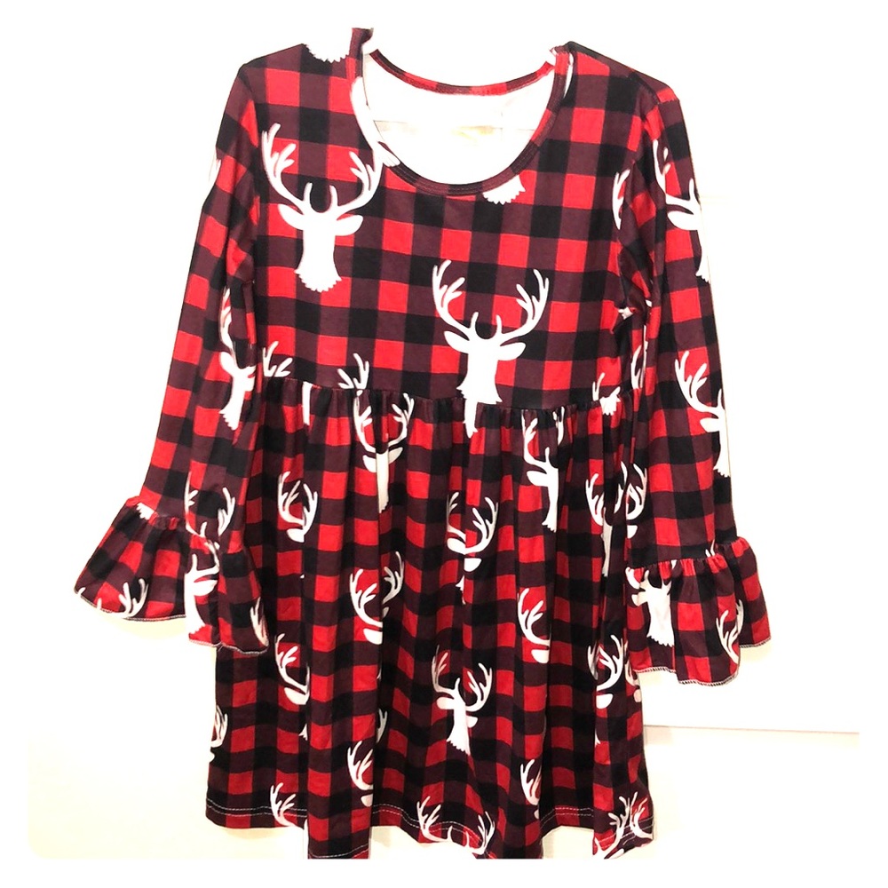 Girls buffalo plaid and deer boutique dress